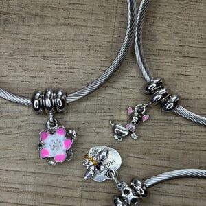 Silver Cable Charm Bracelets with Pink Enamel Flower & Dog Charms